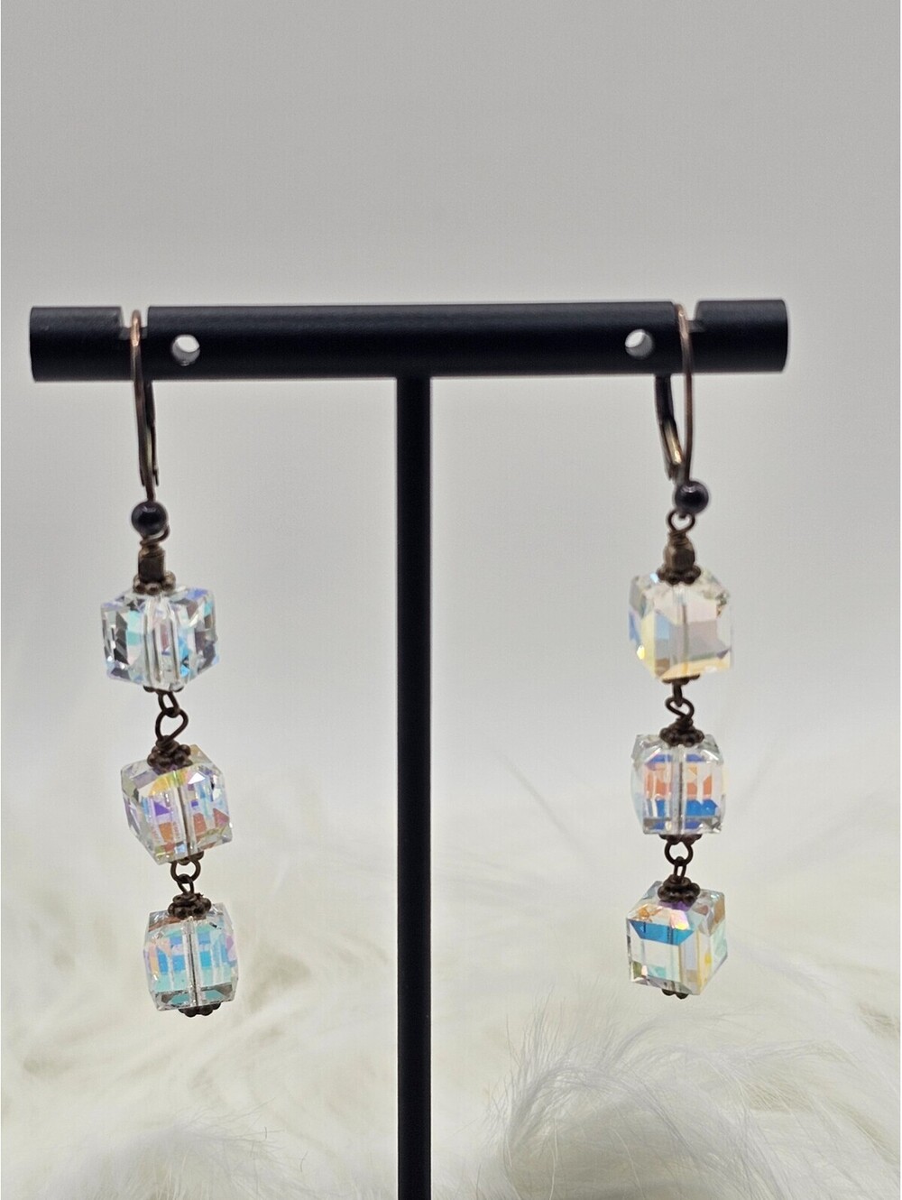 925 Sterling Silver Aurora Borealis AB Crystal Cube Earrings